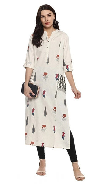 Mayawye Women's Khadi Printed A Line Kurti (Off White, Khadi)
