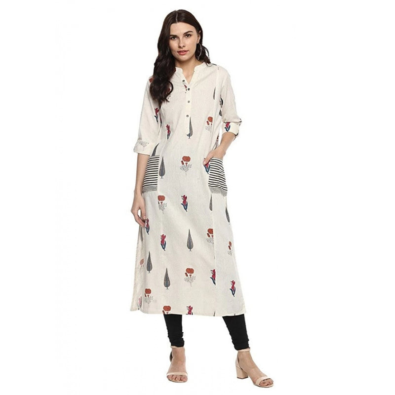 Mayawye Women's Khadi Printed A Line Kurti (Off White, Khadi)
