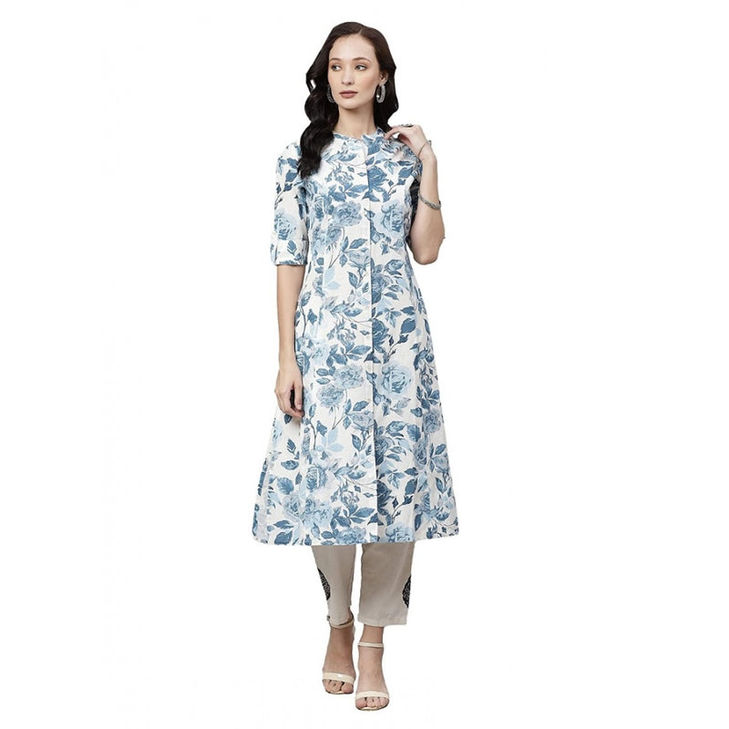 Mayawye Women's Cotton Printed Floral Print Kurti (White, Blue, Cotton)