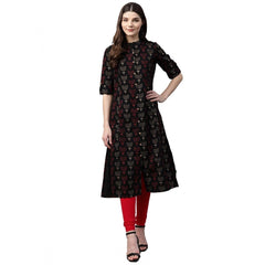 Mayawye Women's Cotton Printed A Line Kurti (Black, Cotton)