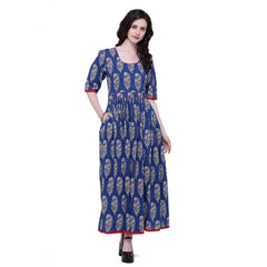 Mayawye Women's Cotton Printed Anarkali Kurti (Blue, Cotton)
