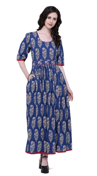 Mayawye Women's Cotton Printed Anarkali Kurti (Blue, Cotton)