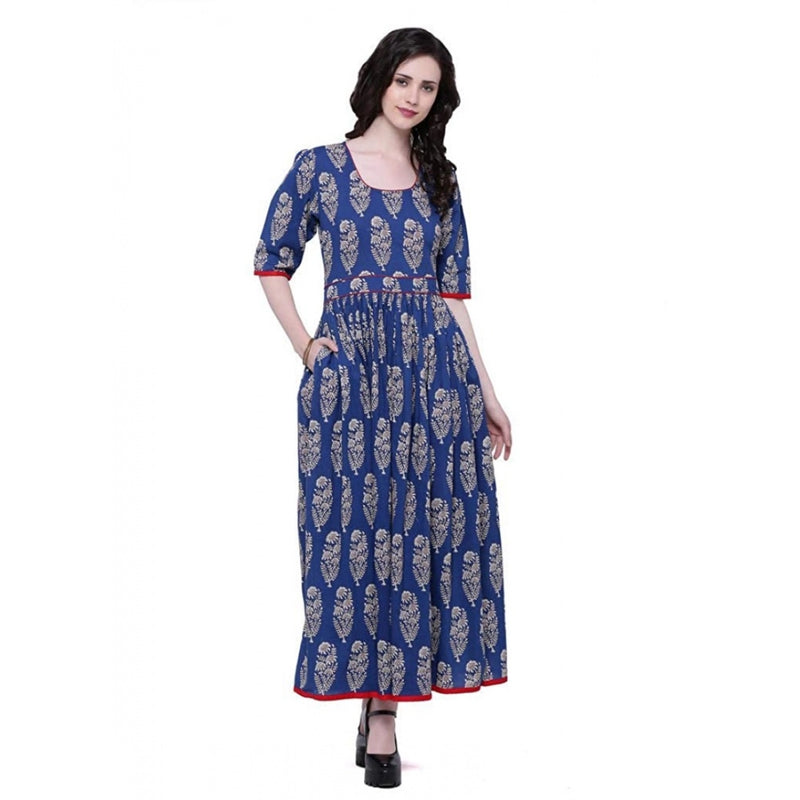 Mayawye Women's Cotton Printed Anarkali Kurti (Blue, Cotton)