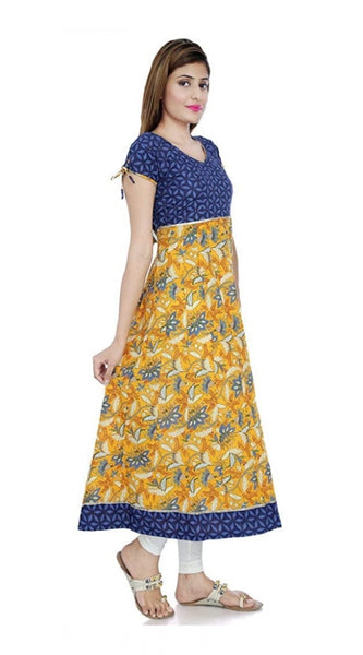 Mayawye Women's Cotton Printed Long Kurti (Mustard, Blue, Cotton)