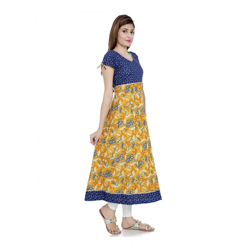 Mayawye Women's Cotton Printed Long Kurti (Mustard, Blue, Cotton)