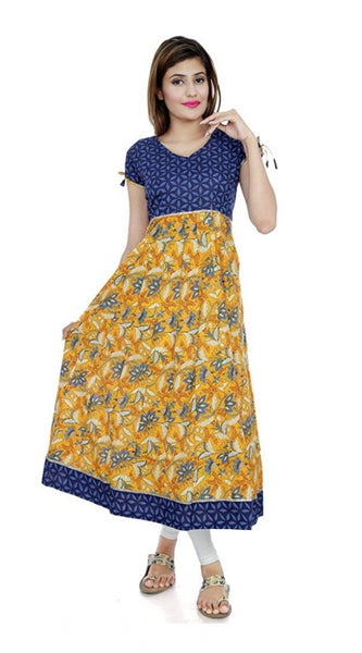 Mayawye Women's Cotton Printed Long Kurti (Mustard, Blue, Cotton)