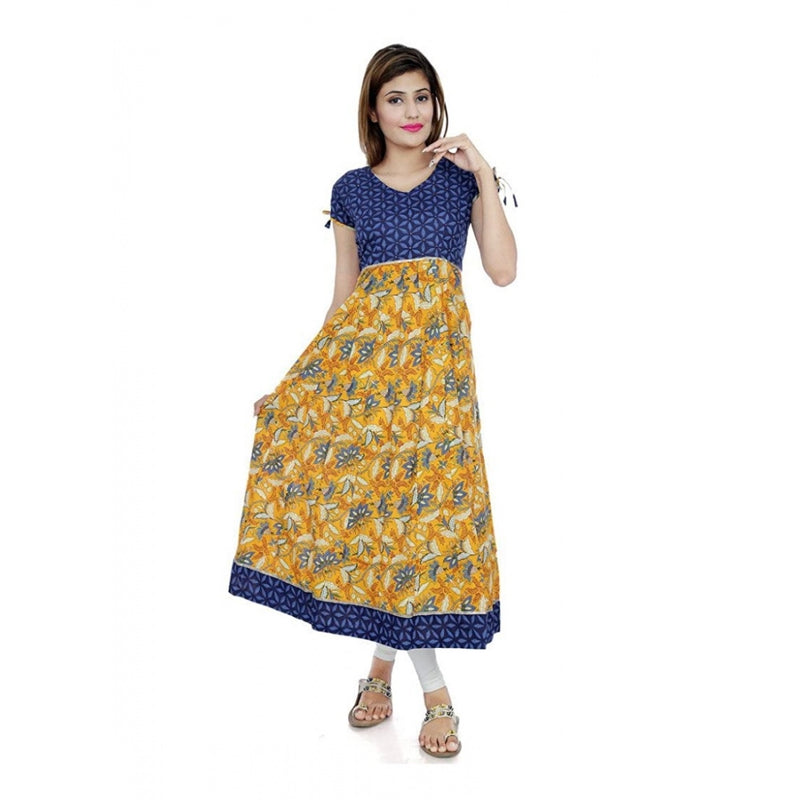 Mayawye Women's Cotton Printed Long Kurti (Mustard, Blue, Cotton)