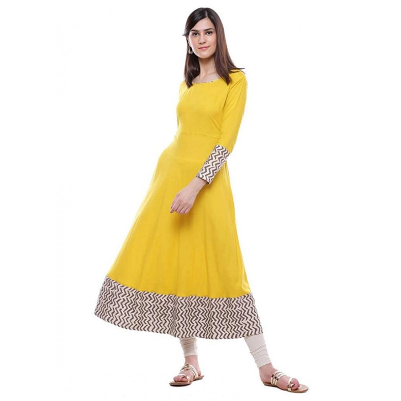 Mayawye Women's Rayon Printed Solid Anarkali Kurti (Yellow, Rayon)