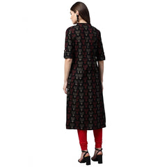 Mayawye Women's Cotton Printed A Line Kurti (Black, Cotton)