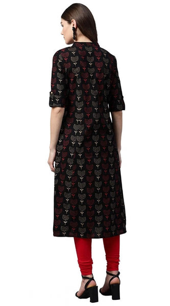 Mayawye Women's Cotton Printed A Line Kurti (Black, Cotton)