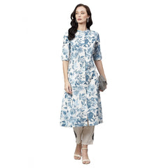 Mayawye Women's Cotton Printed Floral Print Kurti (White, Blue, Cotton)