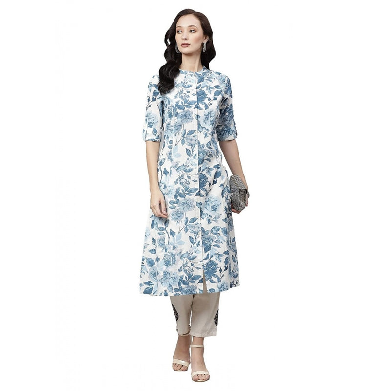 Mayawye Women's Cotton Printed Floral Print Kurti (White, Blue, Cotton)