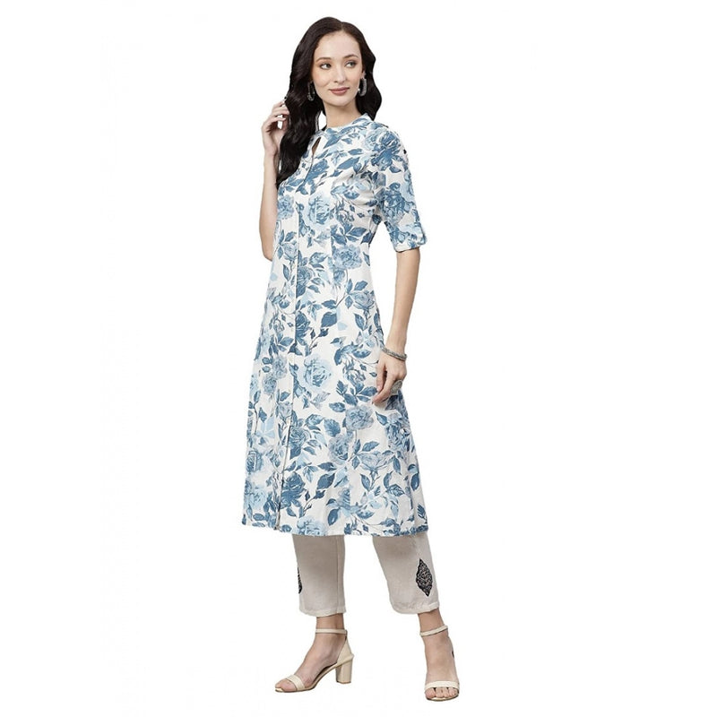 Mayawye Women's Cotton Printed Floral Print Kurti (White, Blue, Cotton)
