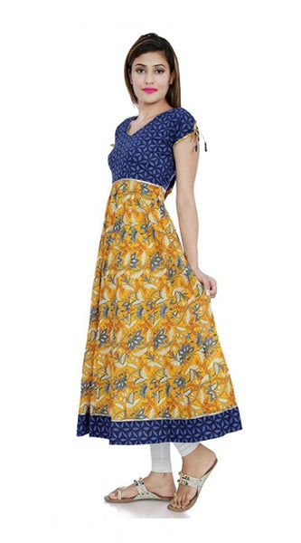Mayawye Women's Cotton Printed Long Kurti (Mustard, Blue, Cotton)