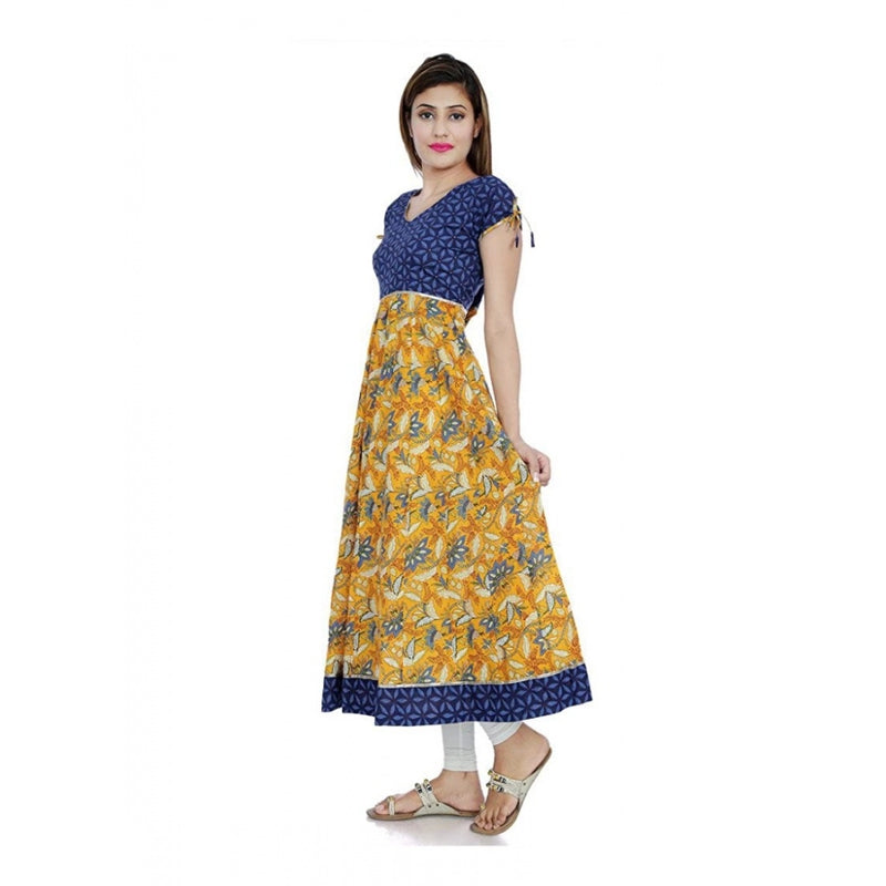 Mayawye Women's Cotton Printed Long Kurti (Mustard, Blue, Cotton)
