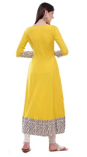 Mayawye Women's Rayon Printed Solid Anarkali Kurti (Yellow, Rayon)