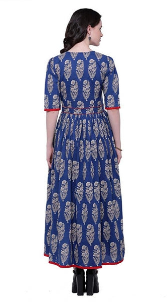 Mayawye Women's Cotton Printed Anarkali Kurti (Blue, Cotton)