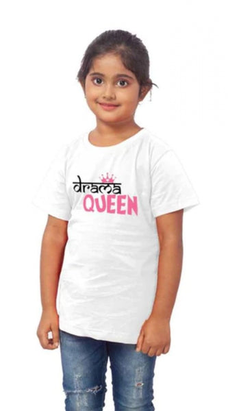 Mayawye Girls Cotton Drama Queen Half Sleeve TShirt (White)