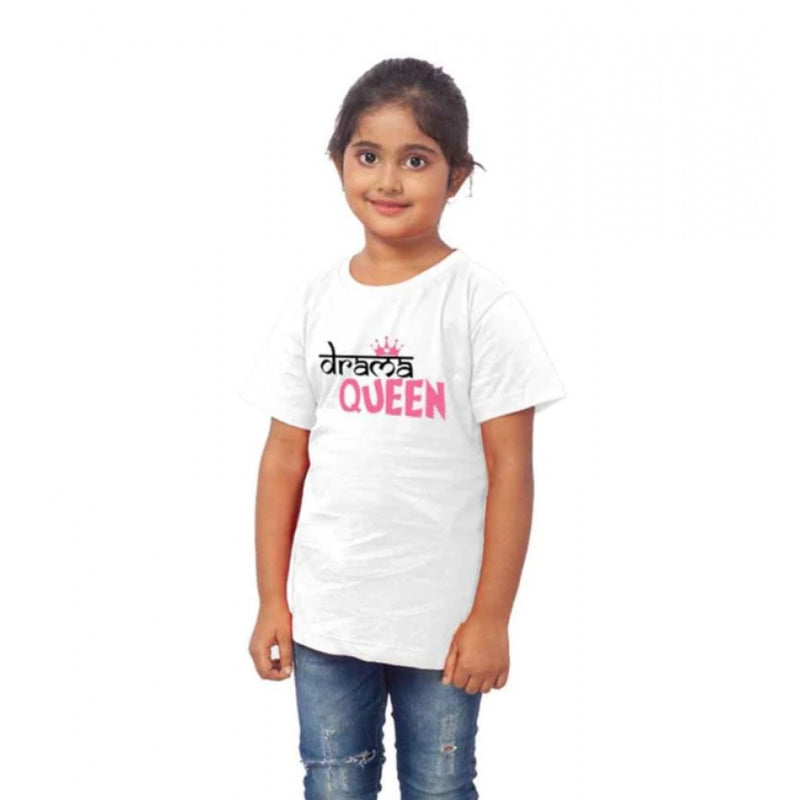 Mayawye Girls Cotton Drama Queen Half Sleeve TShirt (White)