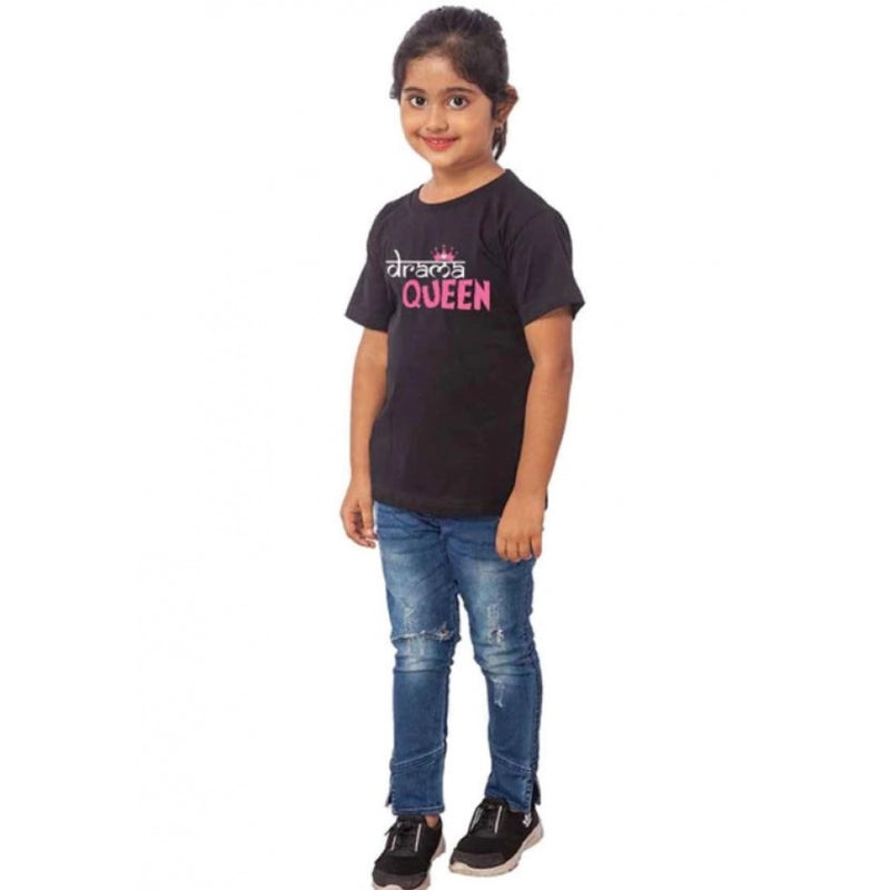 Mayawye Girls Cotton Drama Queen Half Sleeve TShirt (Black)