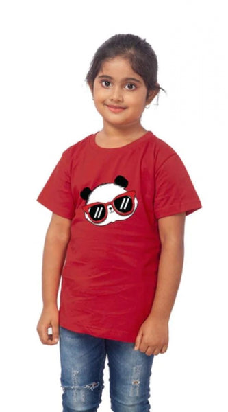 Mayawye Girls Cotton Panda Glass Half Sleeve TShirt (Maroon)