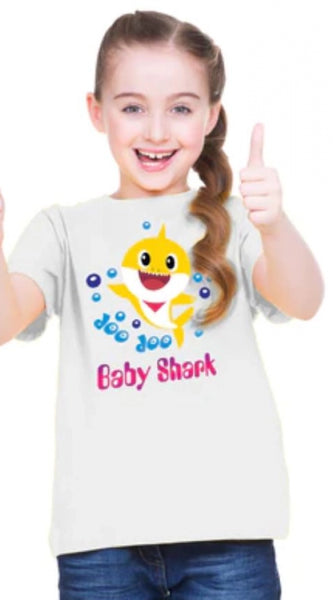 Mayawye Girls Cotton Baby Shark Half Sleeve TShirt (White)