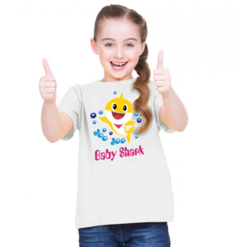 Mayawye Girls Cotton Baby Shark Half Sleeve TShirt (White)