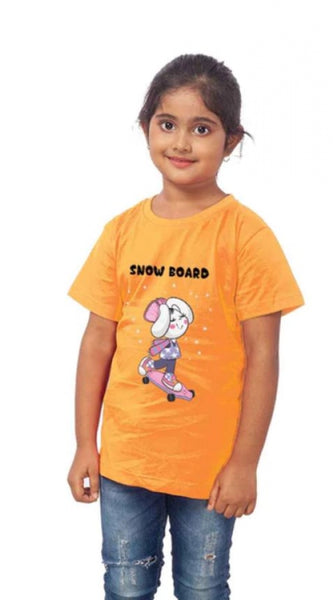Mayawye Girls Cotton Snow Board Half Sleeve TShirt (Mustard)