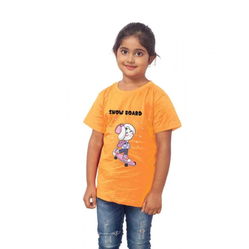 Mayawye Girls Cotton Snow Board Half Sleeve TShirt (Mustard)