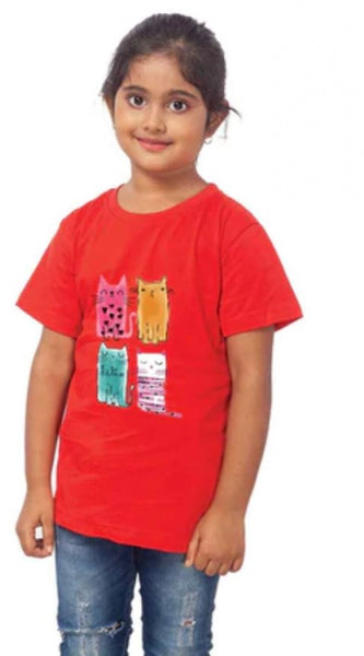 Mayawye Girls Cotton Cat Half Sleeve TShirt (Red)