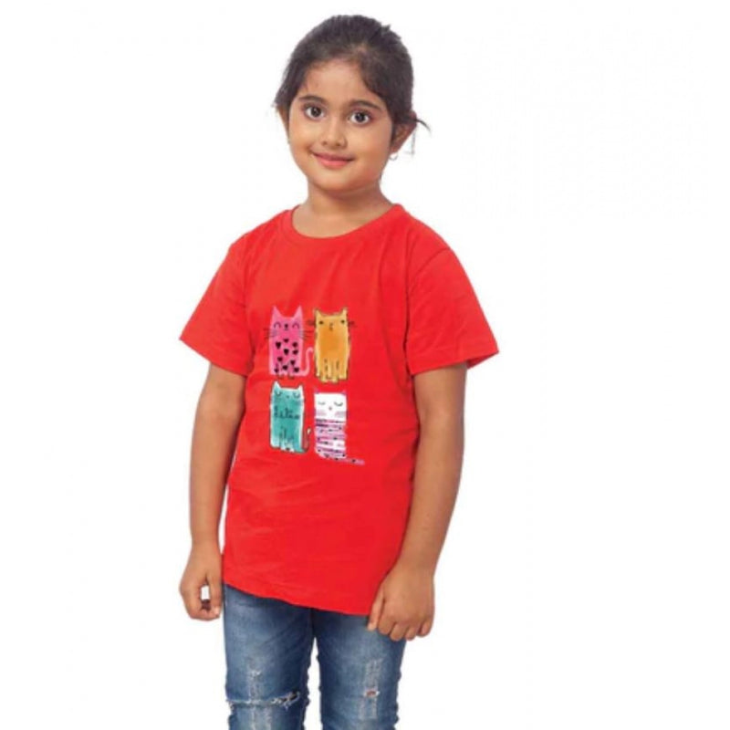 Mayawye Girls Cotton Cat Half Sleeve TShirt (Red)