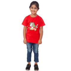 Mayawye Girls Cotton Unicorn Face Half Sleeve TShirt (Red)
