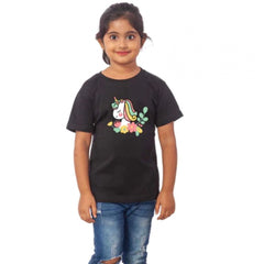 Mayawye Girls Cotton Unicorn Face Half Sleeve TShirt (Black)