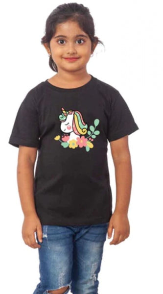 Mayawye Girls Cotton Unicorn Face Half Sleeve TShirt (Black)
