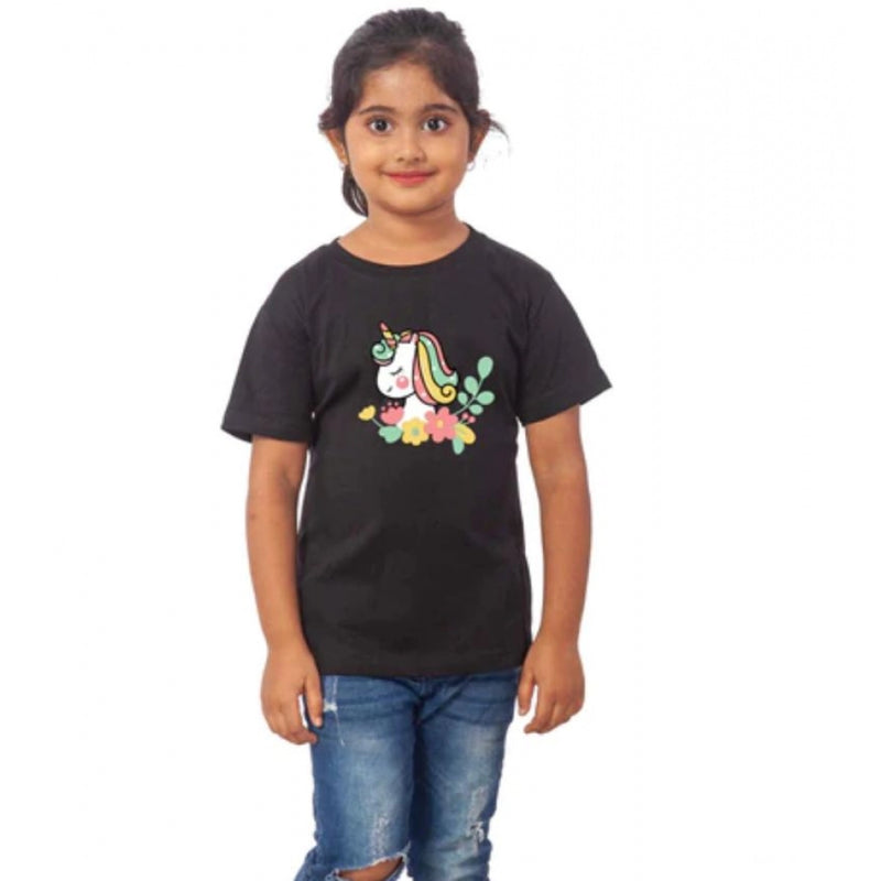 Mayawye Girls Cotton Unicorn Face Half Sleeve TShirt (Black)