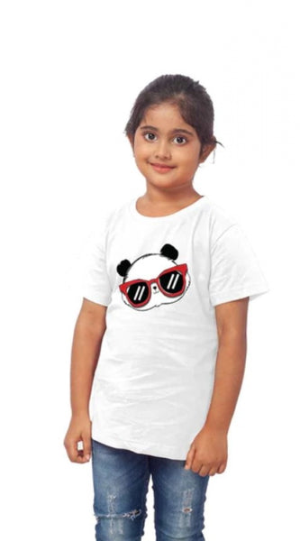 Mayawye Girls Cotton Panda Glass Half Sleeve TShirt (White)