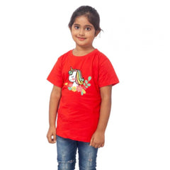 Mayawye Girls Cotton Unicorn Face Half Sleeve TShirt (Red)