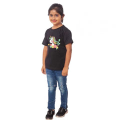 Mayawye Girls Cotton Unicorn Face Half Sleeve TShirt (Black)