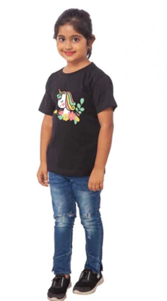 Mayawye Girls Cotton Unicorn Face Half Sleeve TShirt (Black)