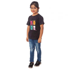 Mayawye Girls Cotton Cat Half Sleeve TShirt (Black)