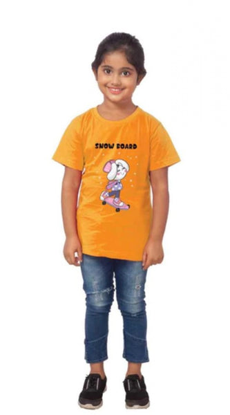Mayawye Girls Cotton Snow Board Half Sleeve TShirt (Mustard)