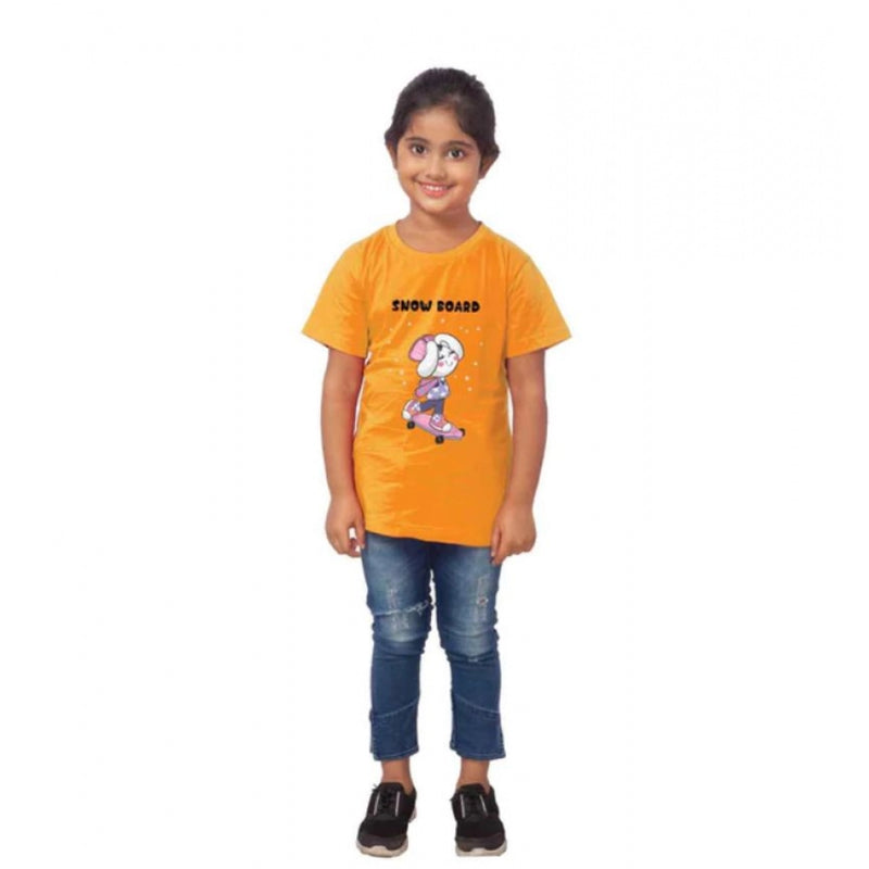 Mayawye Girls Cotton Snow Board Half Sleeve TShirt (Mustard)