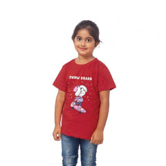 Mayawye Girls Cotton Snow Board Half Sleeve TShirt (Maroon)