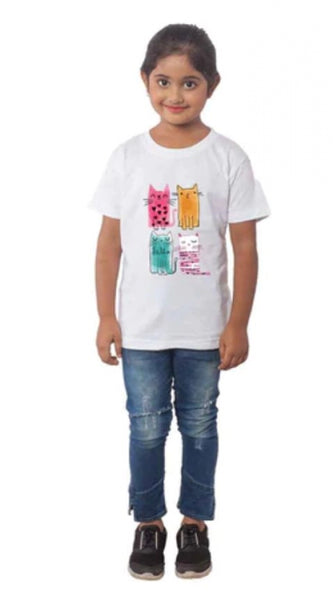 Mayawye Girls Cotton Cat Half Sleeve TShirt (White)