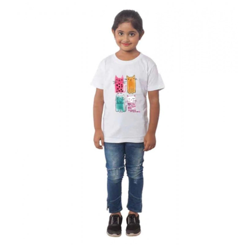 Mayawye Girls Cotton Cat Half Sleeve TShirt (White)