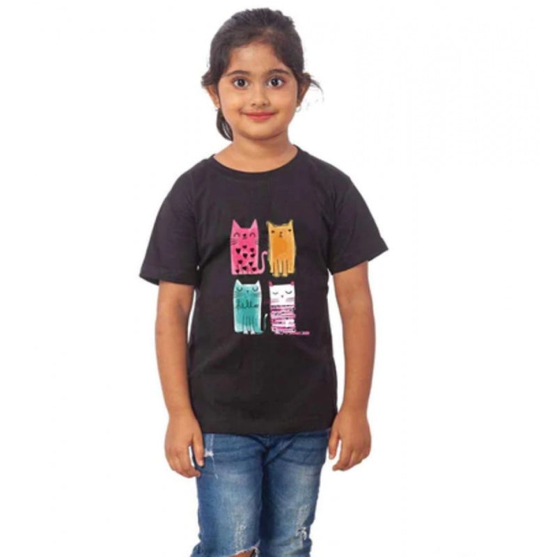 Mayawye Girls Cotton Cat Half Sleeve TShirt (Black)