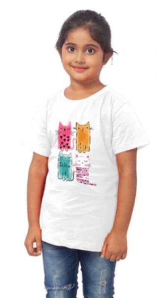 Mayawye Girls Cotton Cat Half Sleeve TShirt (White)