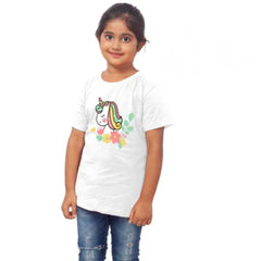 Mayawye Girls Cotton Unicorn Face Half Sleeve TShirt (White)