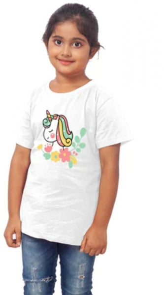Mayawye Girls Cotton Unicorn Face Half Sleeve TShirt (White)