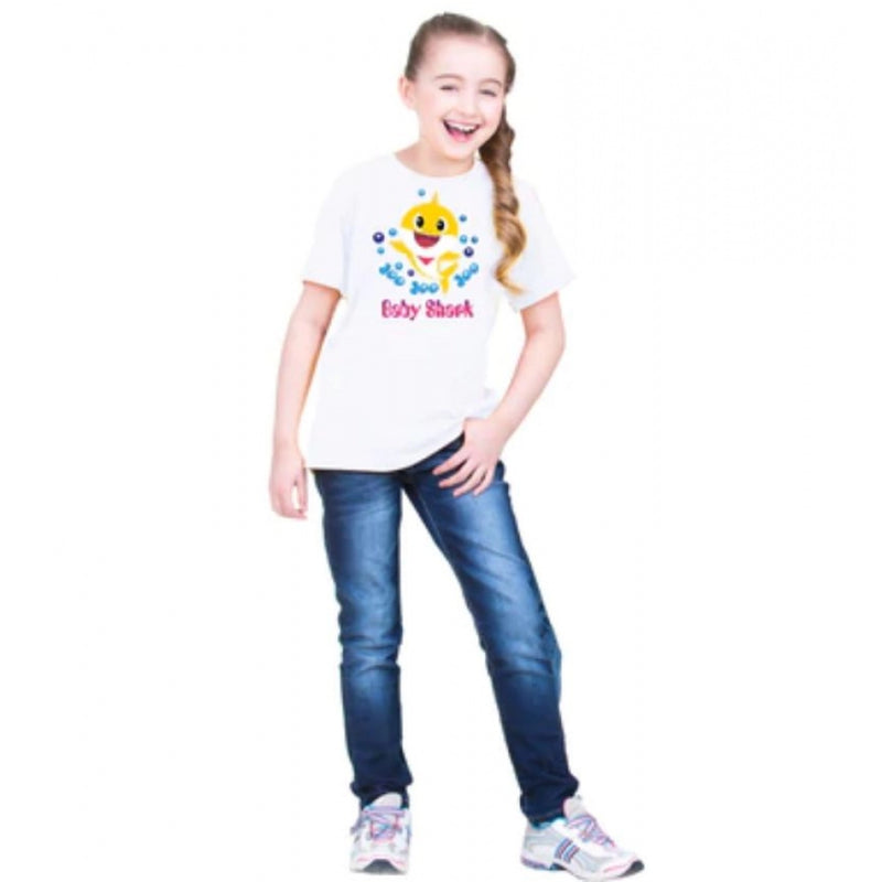 Mayawye Girls Cotton Baby Shark Half Sleeve TShirt (White)